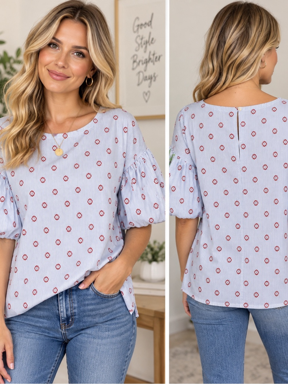 LOFT Floral Puff Sleeve Blouse Blue Striped Red Print XL